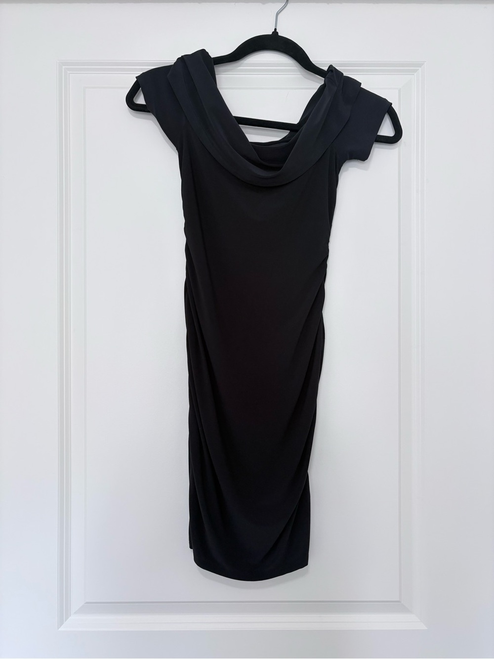 Open Edit Off-Shoulder Black Sheath Dress with Draped Cowl Neck